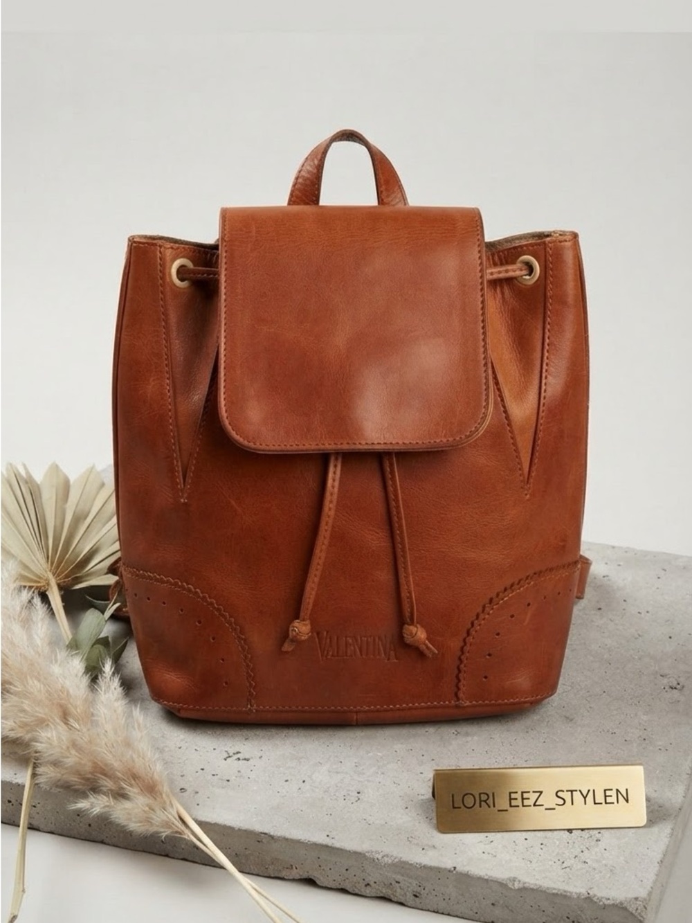 Vintage Valentina Cognac Leather Backpack with Drawstring Flap